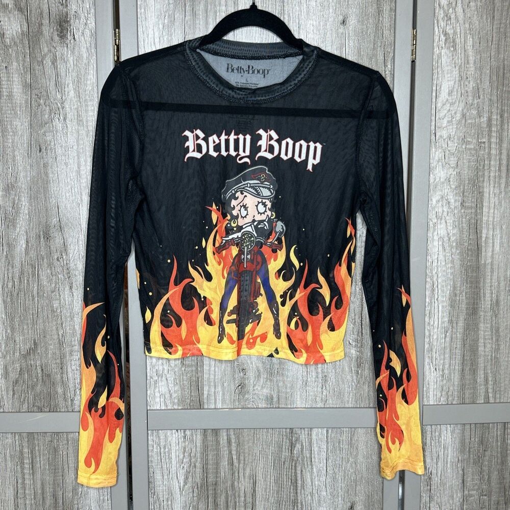 Betty Boop Mesh Top Flame Biker Crop Long Sleeves